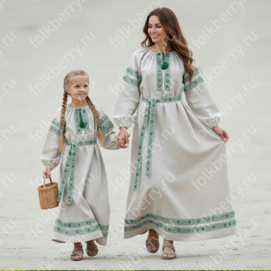 Платье Берегиня, небеленый лен с зеленым- фото 1